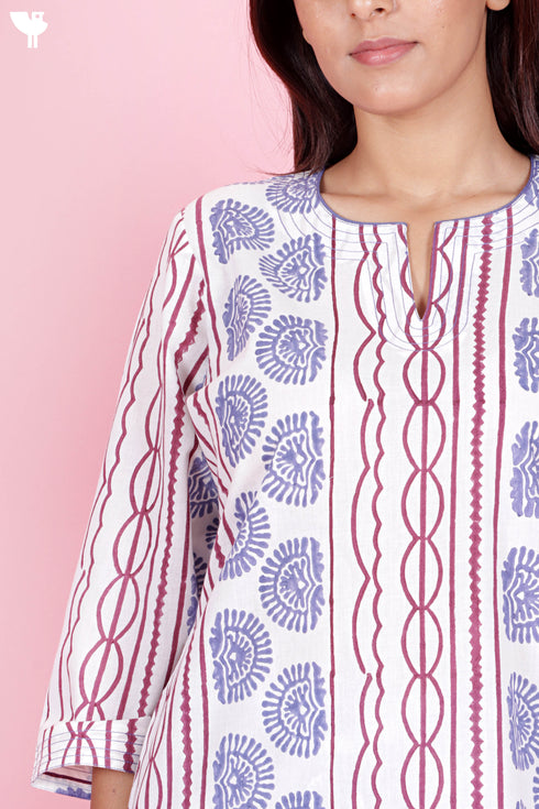 Cotton Kurta Pant Set With Kota Dupatta In Block Print